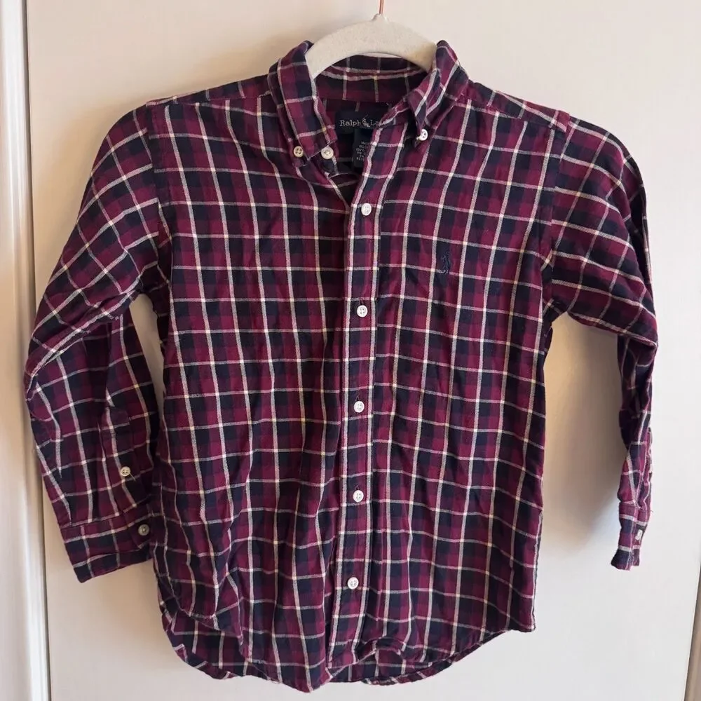 Boys 6 Ralph Lauren Red/Navy/White Plaid Long Sleeve Button Down Shirt VGUC